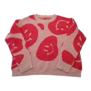 Bailey Rose Sweater Medium M Pink Smiley Face Crewneck Knit Pullover Acrylic